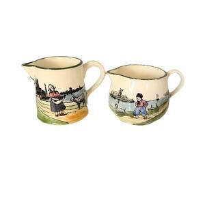 Vintage G S Zell German Pottery Creamer Dutch Country Scene Set Of 2 Pitchers
